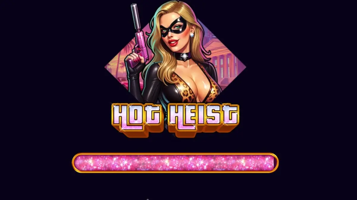 Tampilan visual slot Hot Heist dengan tema neon dan elemen perampokan